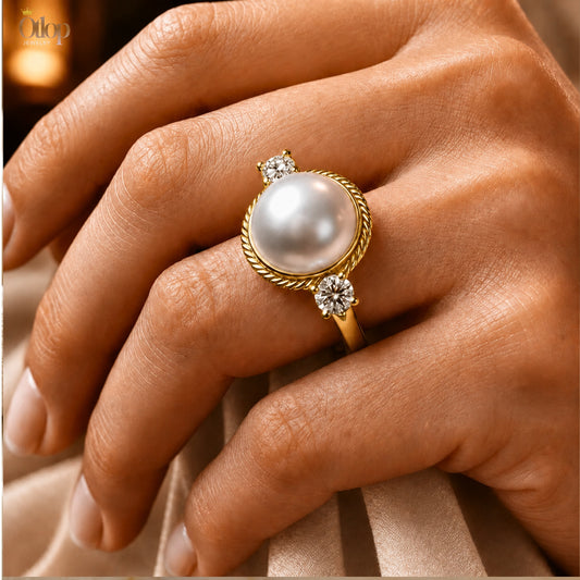 خاتم حريمي لؤلؤ طبيعي مرصع بألماس حر / ذهب - كود 55577