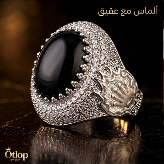 خاتم من العقيق الاسود مع الألماس - كود 2009901
