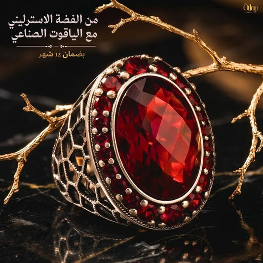 خاتم السلطان للرجال بكيوبك زيركونيا أحمر وفضة 925 - كود 11446
