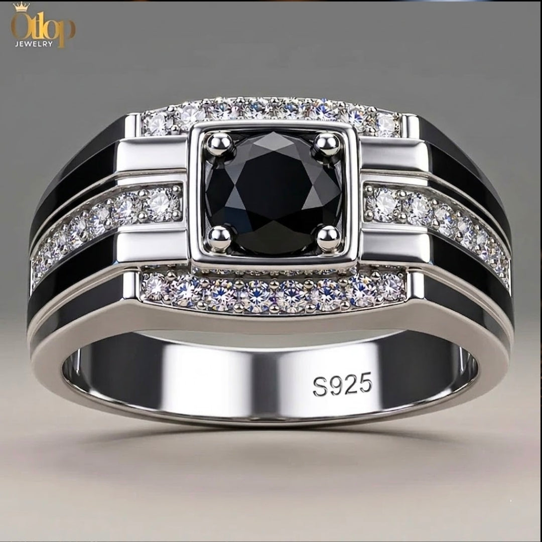 خاتم فضة مرصع بالألماس والأونكس - كود 840903