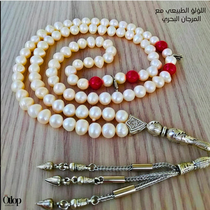 سبحة لؤلؤ طبيعي مع مرجان اليسر الأحمر - كود 6389