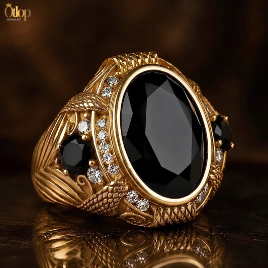 خاتم رجالي ذهبي عقيق أونكس مع موزانايت أو ألماس من Otlop كود 91888