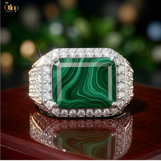 خاتم رجالي من الملاكيت الطبيعي الأخضر الزمردي مرصع بالألماس - Otlop Jewelry