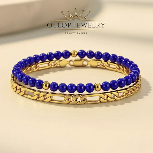 إنسيال فيجارو ستانلس بطلاء ذهبي مع عقيق اللازورد الأصلي، للجنسين- كود 07006