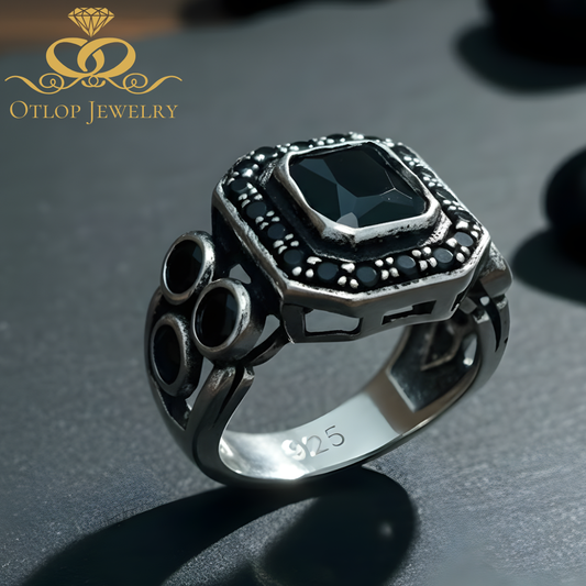 خاتم رجالي بتصميم تركي من حجر الاونكس الاصلي مع فضة استرليني عيار 925 مطلية بالذهب الابيض - كود 9882