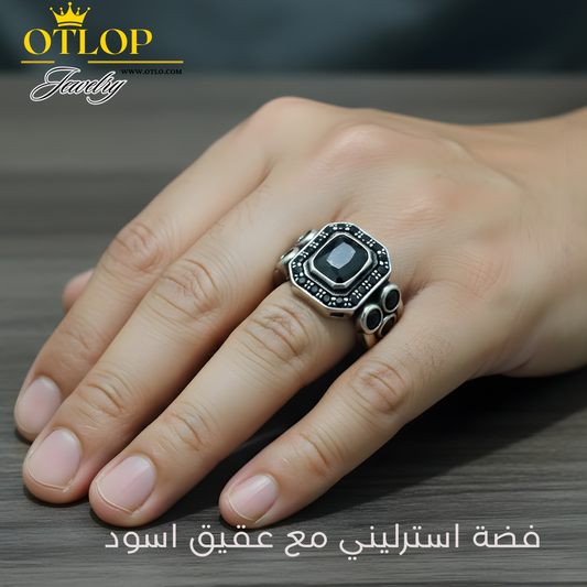 خاتم رجالي بتصميم تركي من حجر الاونكس الاصلي مع فضة استرليني عيار 925 مطلية بالذهب الابيض - كود 9882