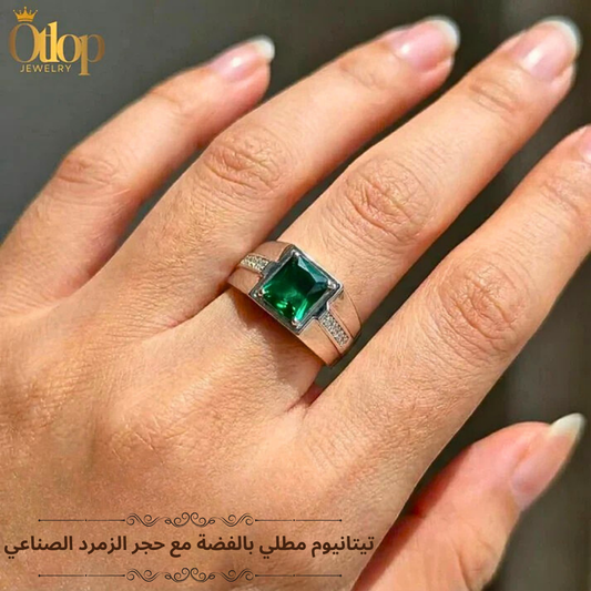 خاتم للجنسين من التيتانيوم المطلي بالفضة مع الكيوبك زيركونيا - كود 80070