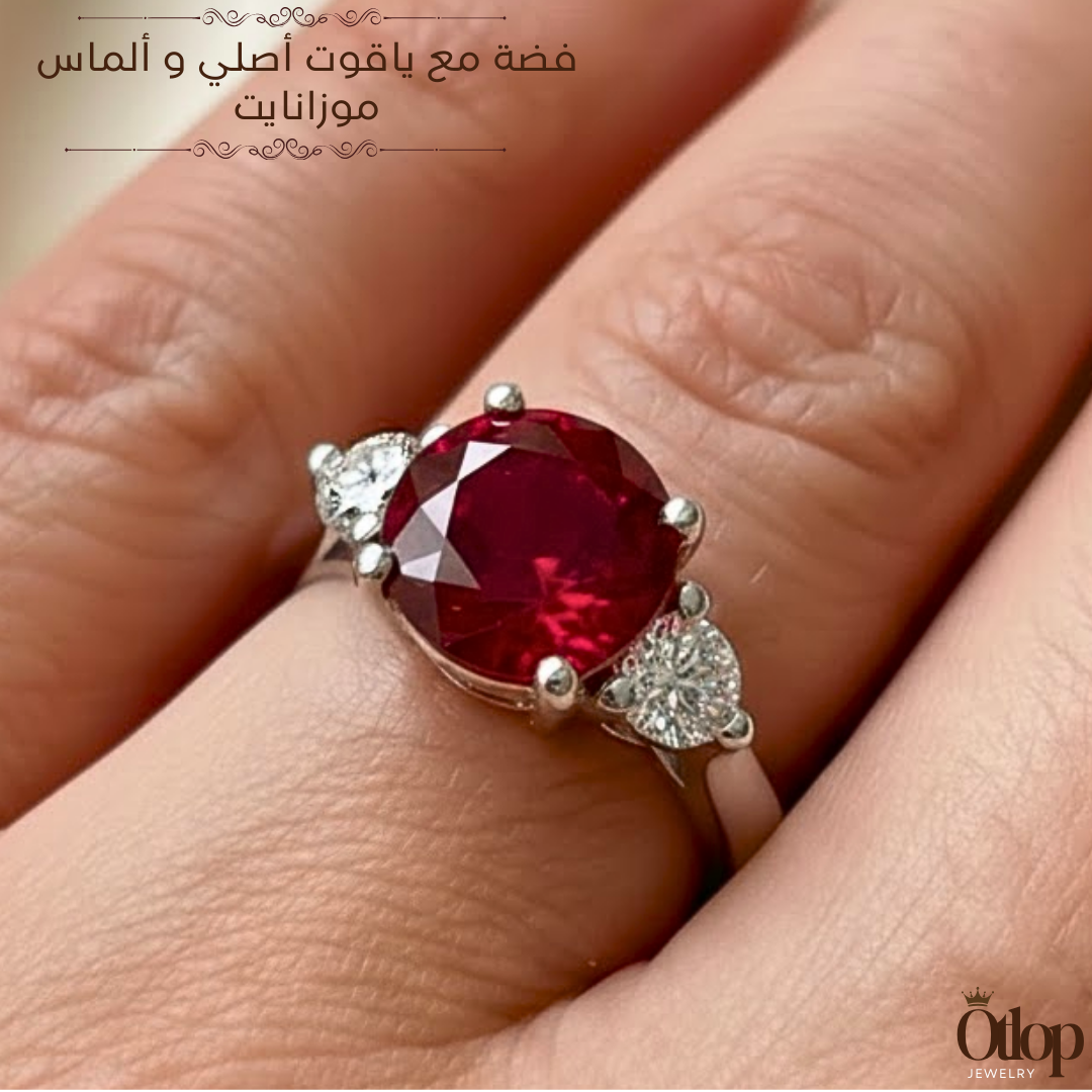 خاتم ياقوت أحمر اصلي مرصع  بالكيوبك زيركونيا شبيه الماس- كود 8307