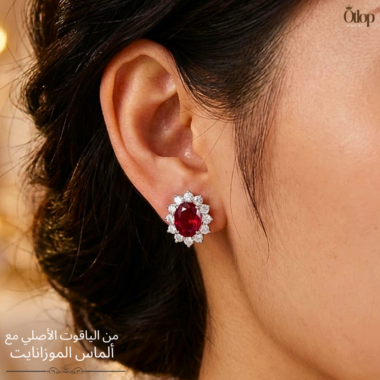 حلق ألماس وياقوت أحمر مع فضة استرليني ،هدية للنساء ، مجوهرات يدوية - كود 8940