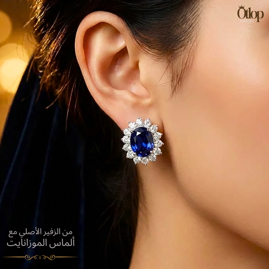 حلق  من الزفير الازرق مرصع بالألماس، المعدن فضة استرليني ، هدية فاخرة للنساء، مجوهرات راقية- كود 8940