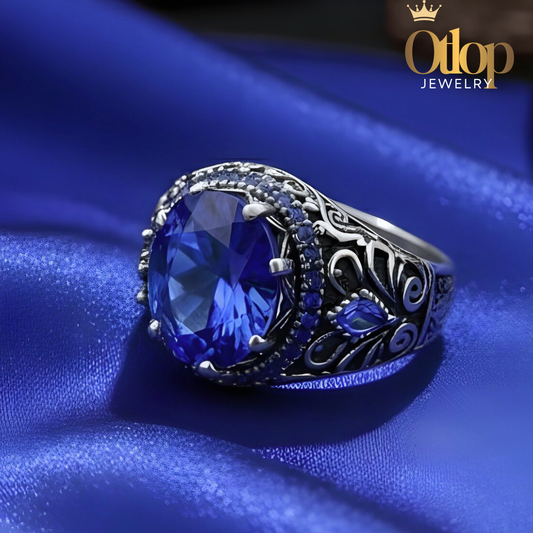 خاتم فضة مطلي بالذهب الأبيض مع 14 قيراط من الزفير الصناعي، للرجال ، هدية فاخرة ، مجوهرات راقية- كود 8101