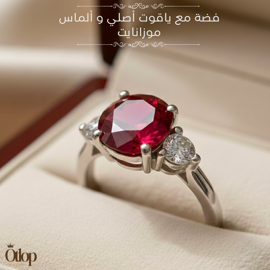 خاتم ياقوت أحمر اصلي مرصع  بالكيوبك زيركونيا شبيه الماس- كود 8307