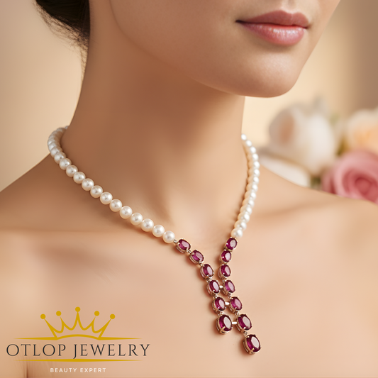 عقد من اللؤلؤ الطبيعي مع الياقوت الأصلي على قاعده من الفضه الاسترليني  - كود 6065