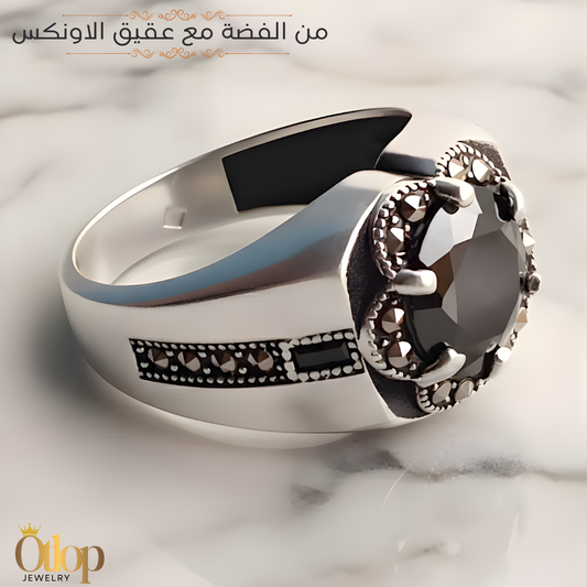 خاتم رجالي فاخر بتصميم تركي من حجر الاونكس الاصلي مع فضة استرليني عيار 925 مطلية بالذهب الابيض - كود 4088