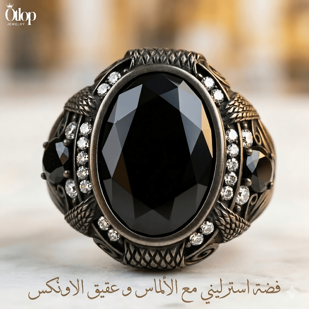 خاتم رجالي أونكس  مطلي باللون الأسود مرصع بألماس حر / فضة ٩٢٥ - كود 3210