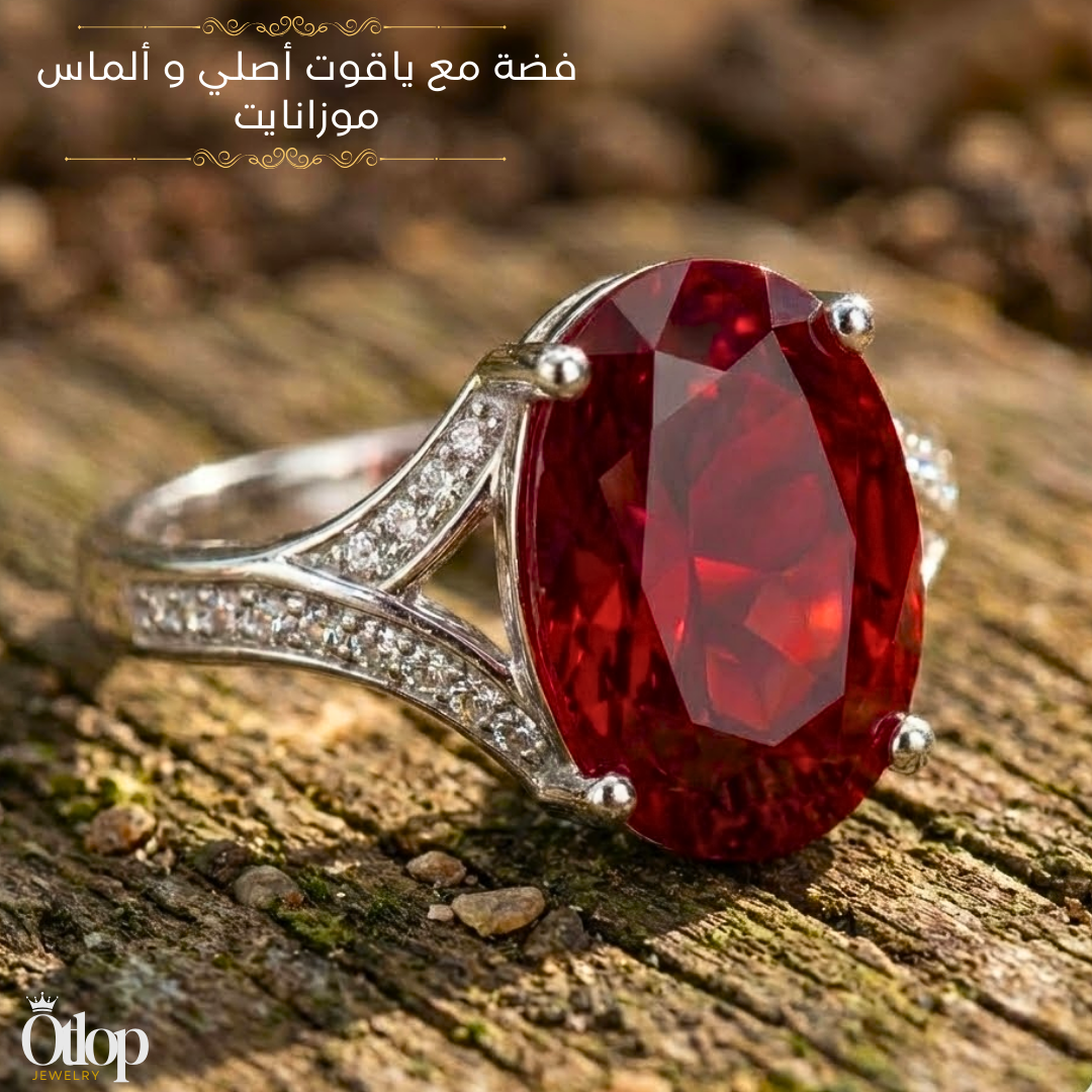 خاتم من الياقوت الأحمر الأصلي مع الفضه المطليه بالبلاتين ،  - كود 1071