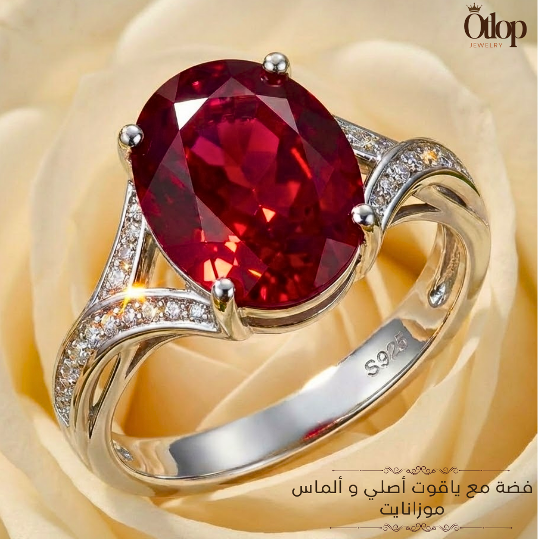 خاتم من الياقوت الأحمر الأصلي مع الفضه المطليه بالبلاتين ،  - كود 1071