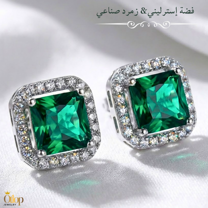 حلق فضه استرليني مع حجر من الكيوبك زيركونيا بنفس شكل الزمرد الطبيعي- كود 2330