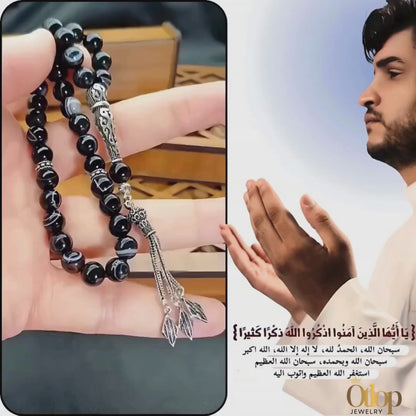 سبحه من العقيق السليماني الاسود المجزع مع الفضه أو الاستانلس - كود 1300