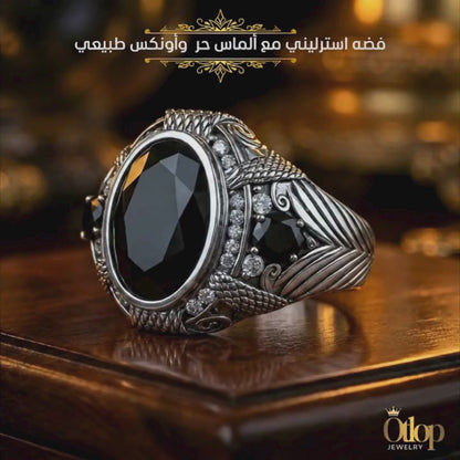 خاتم رجالي ألماس مع عقيق أونكس طبيعي / فضة ٩٢٥ - كود 9188
