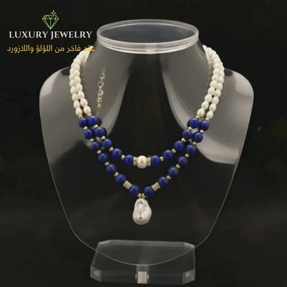 طقم من اللؤلؤ الطبيعي الفاخر مع حجر اللازورد الكريم و بروش من اللؤلؤ الماجنوم- كود 5029 (Copy)